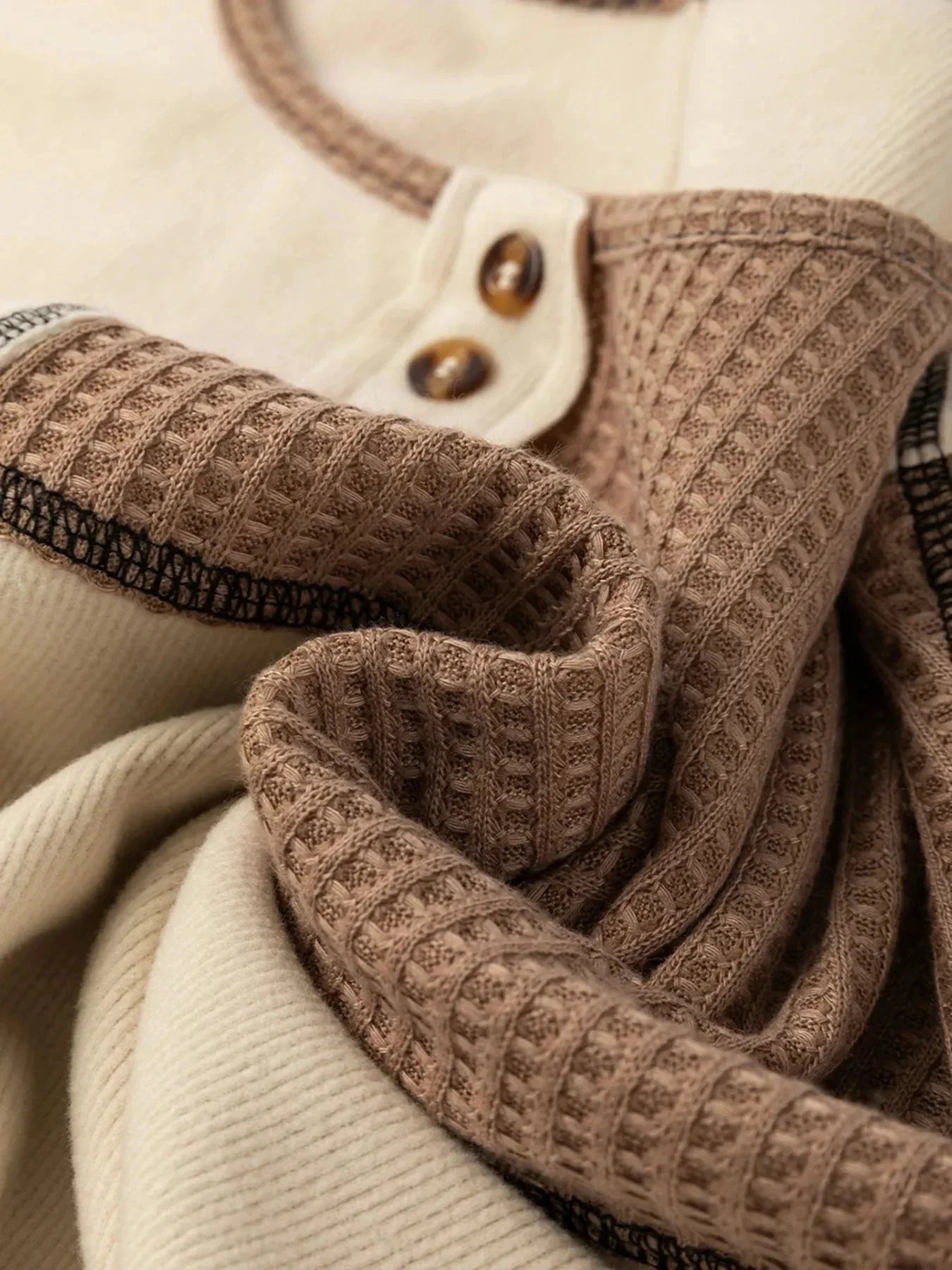 Color Block Waffle Knit Stitch Detail Long Sleeve Top - VILLA FASHION