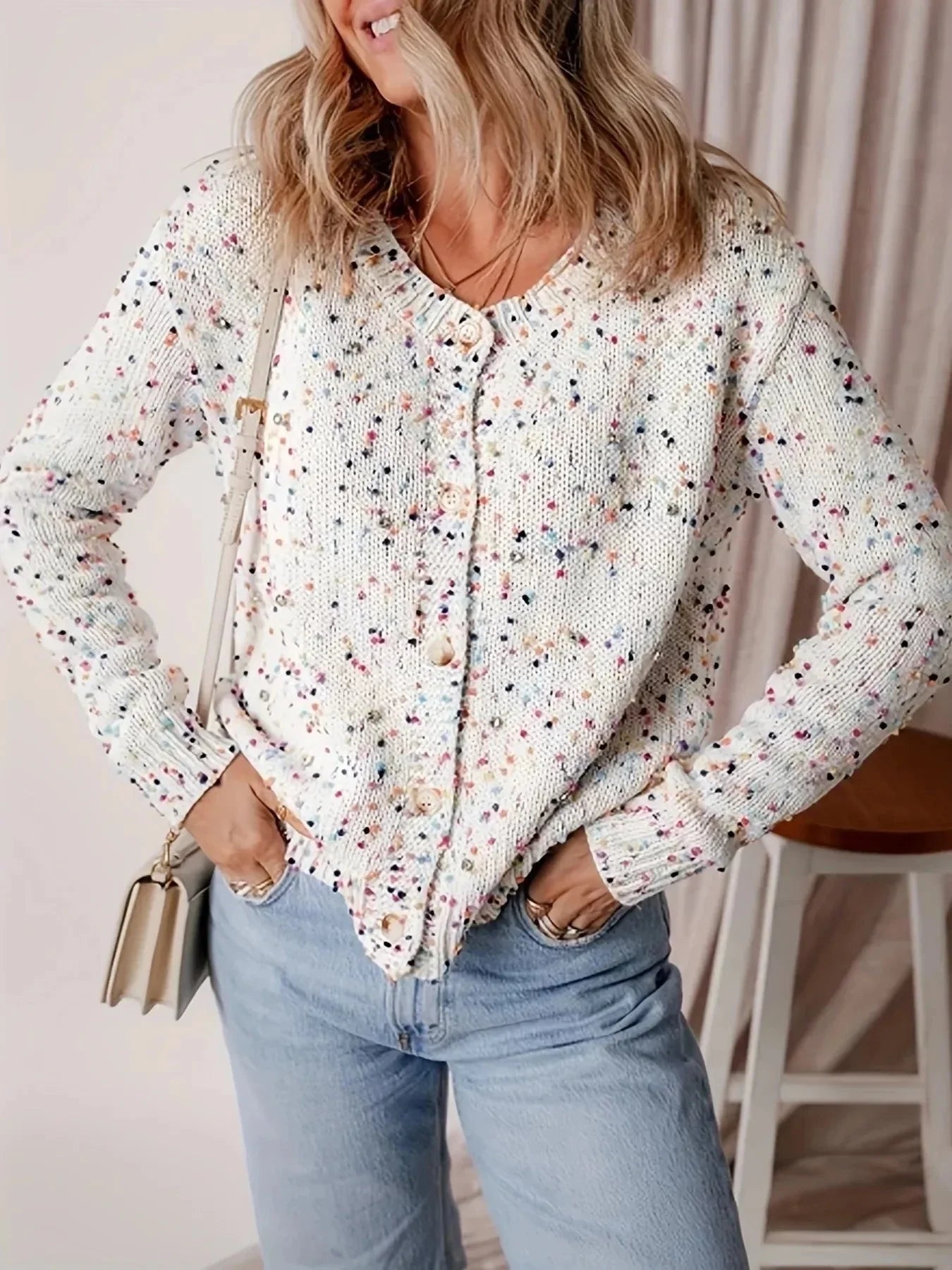 Colorful Button Up Long Sleeve Cardigan - VILLA FASHION