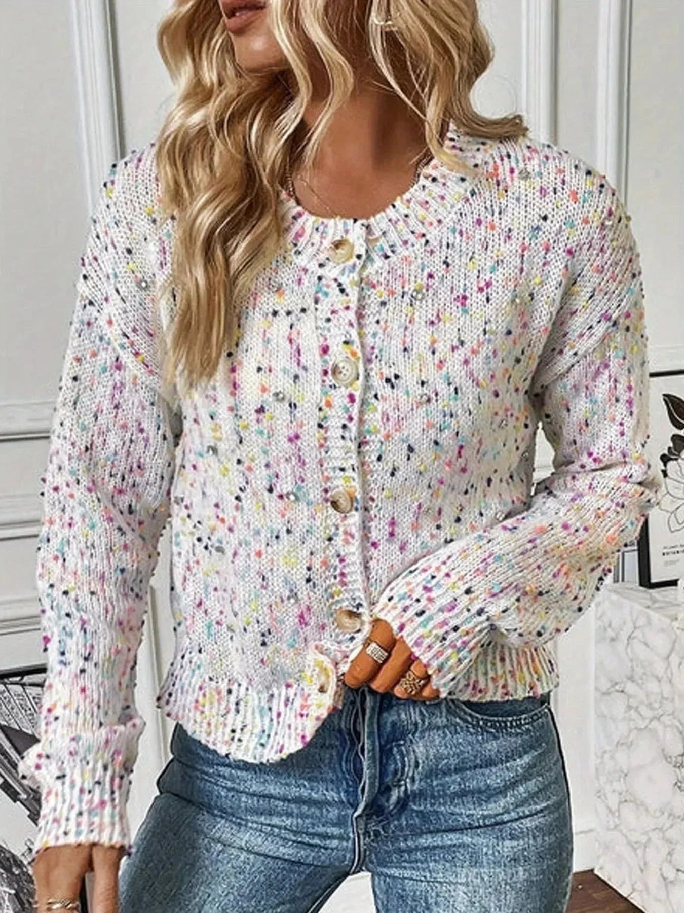 Colorful Button Up Long Sleeve Cardigan - VILLA FASHION