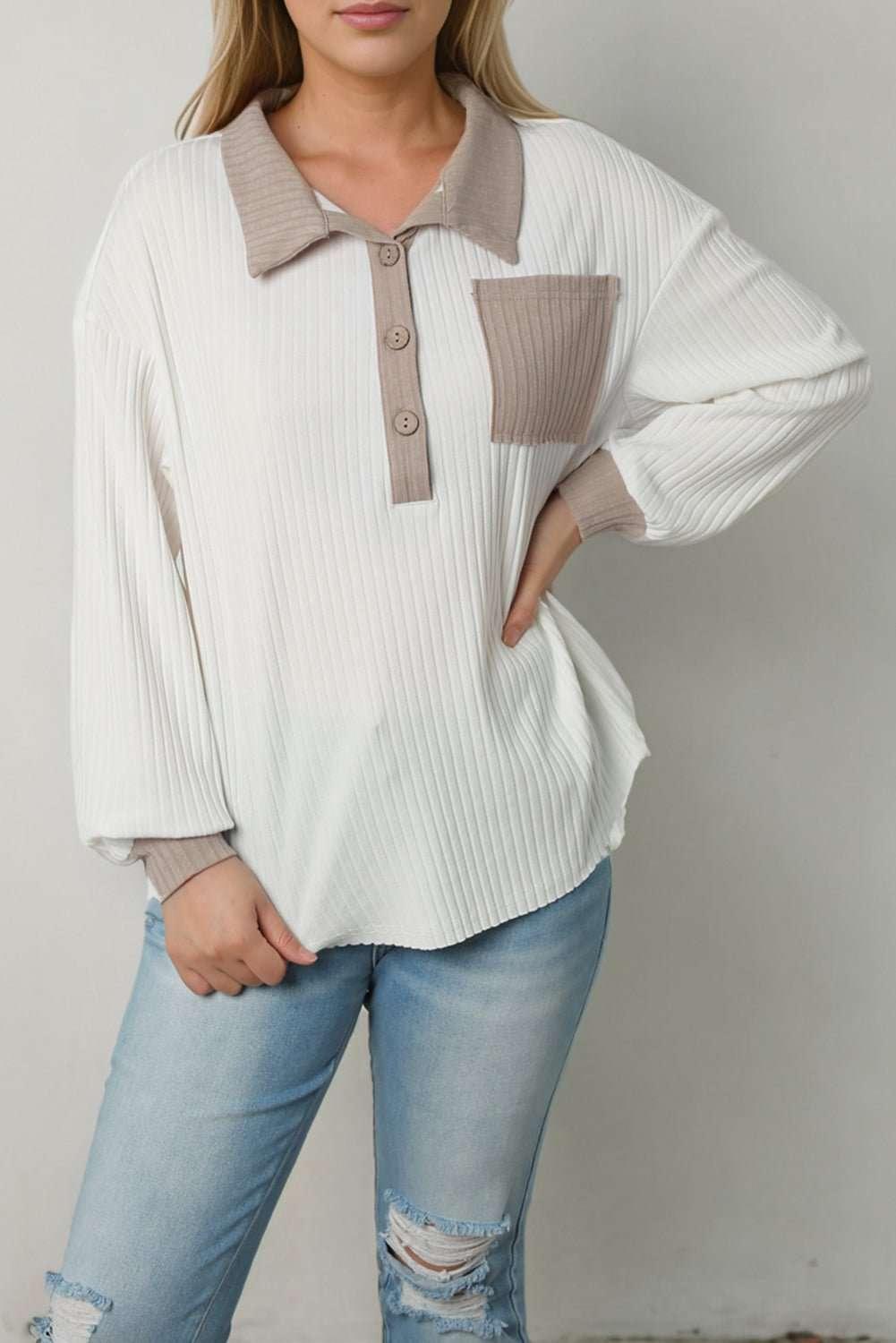 Contrast Collared Neck Top - VILLA FASHION