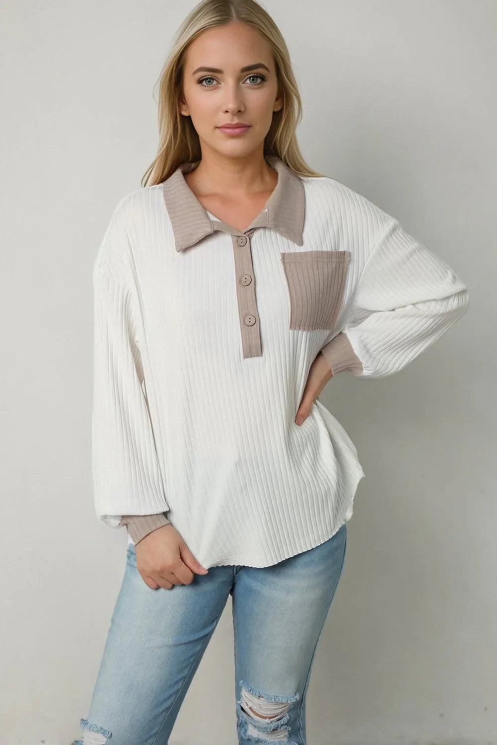 Contrast Collared Neck Top - VILLA FASHION