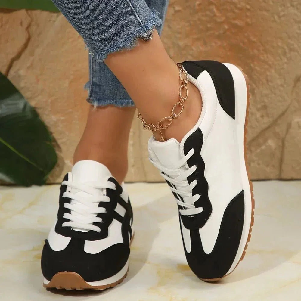 Contrast Lace Up Round Toe Sneakers - VILLA FASHION