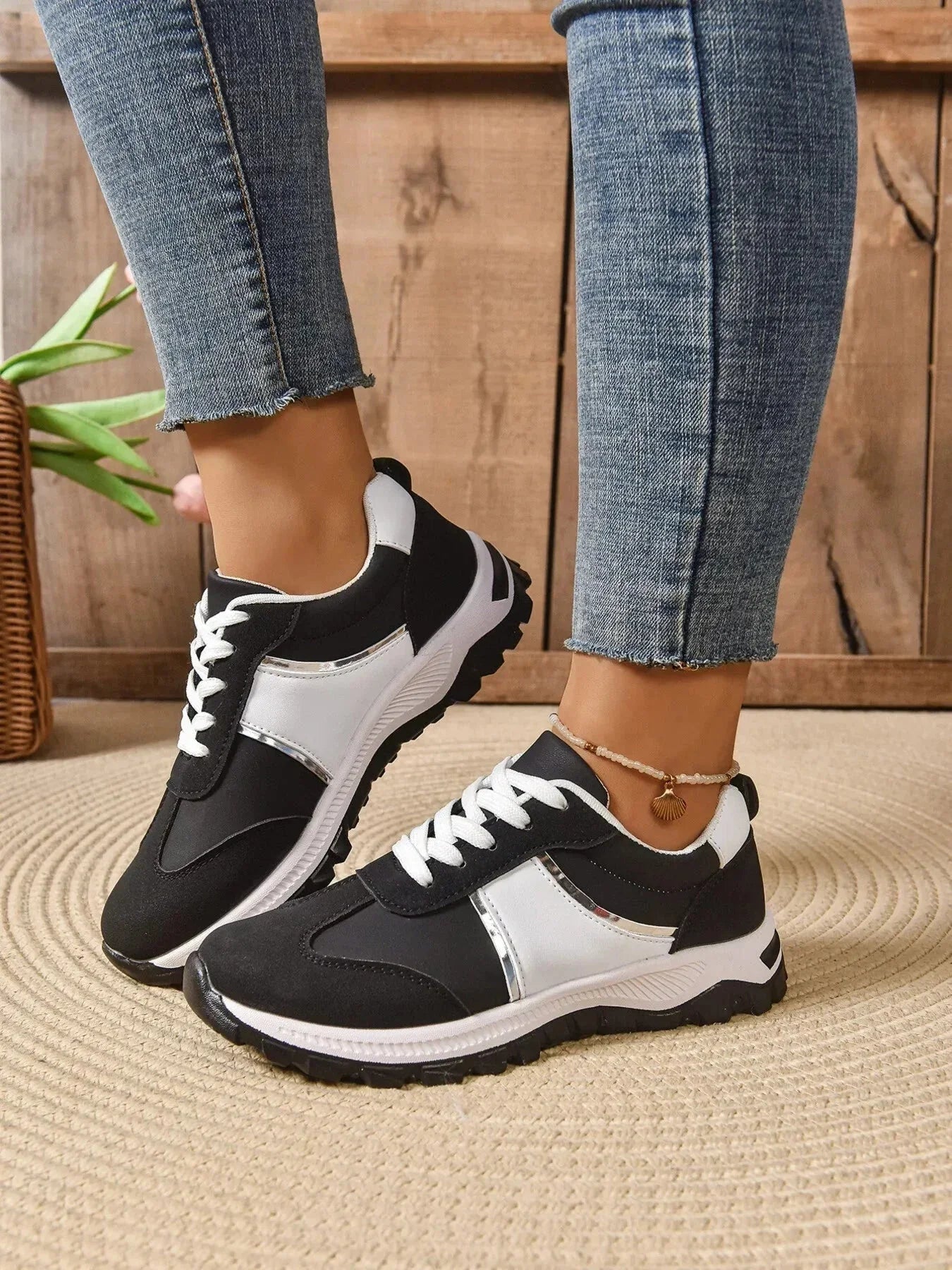 Contrast Lace Up Sneakers - VILLA FASHION