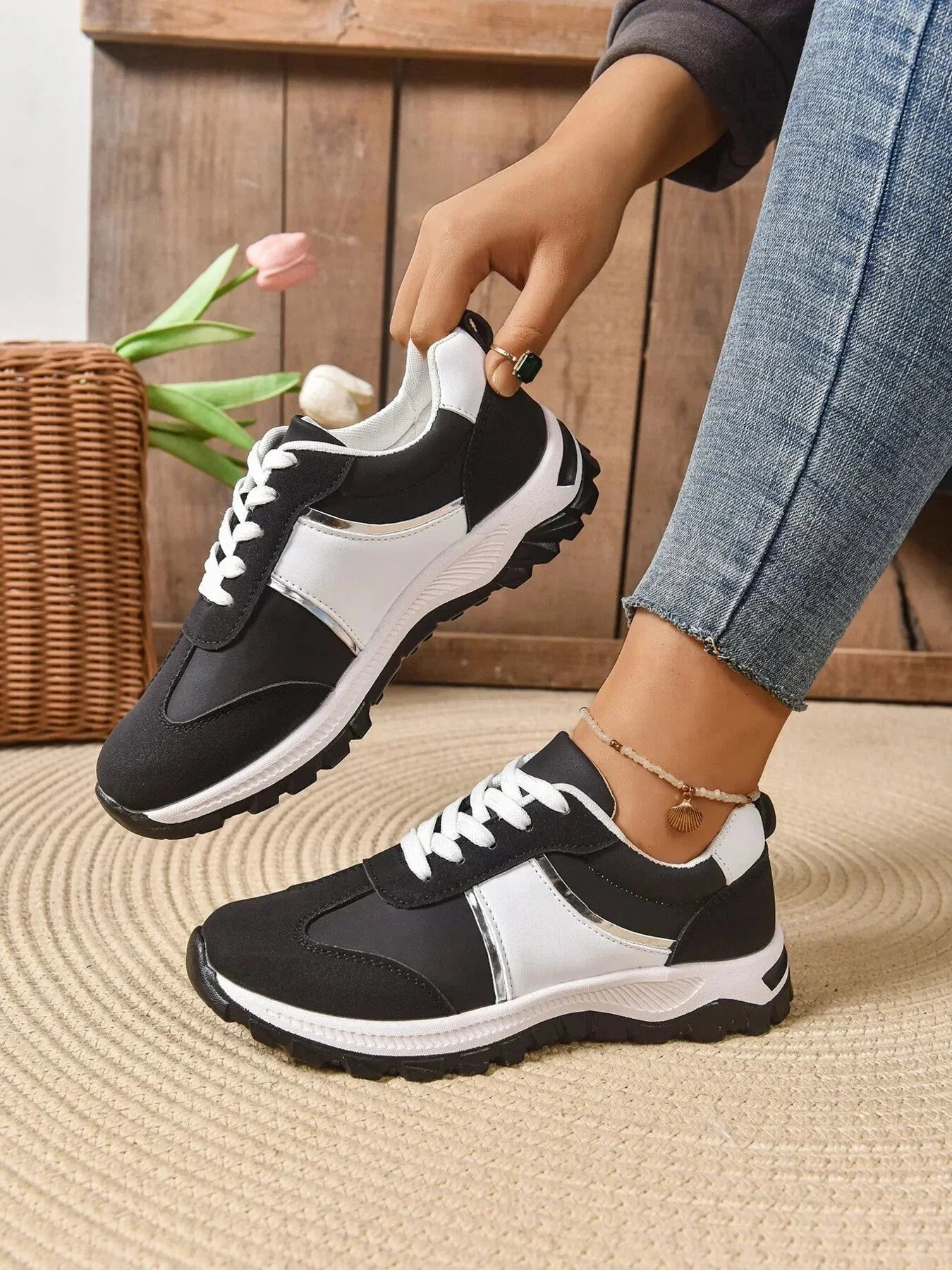 Contrast Lace Up Sneakers - VILLA FASHION