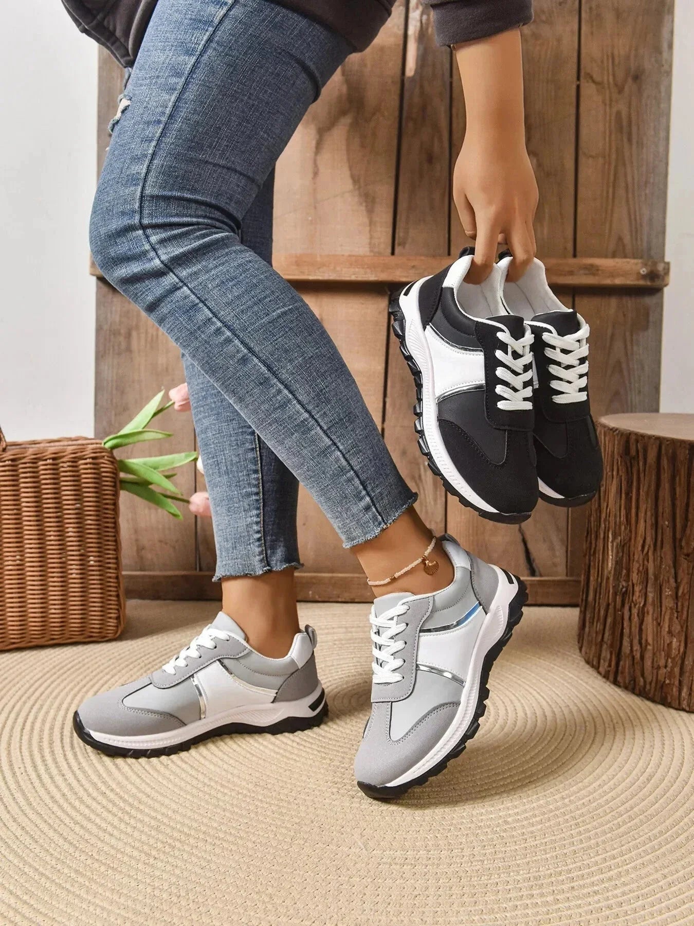 Contrast Lace Up Sneakers - VILLA FASHION