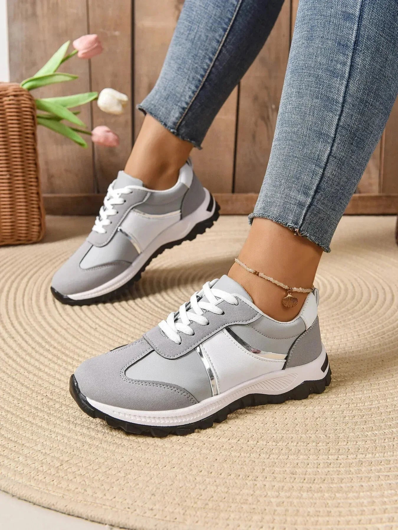 Contrast Lace Up Sneakers - VILLA FASHION