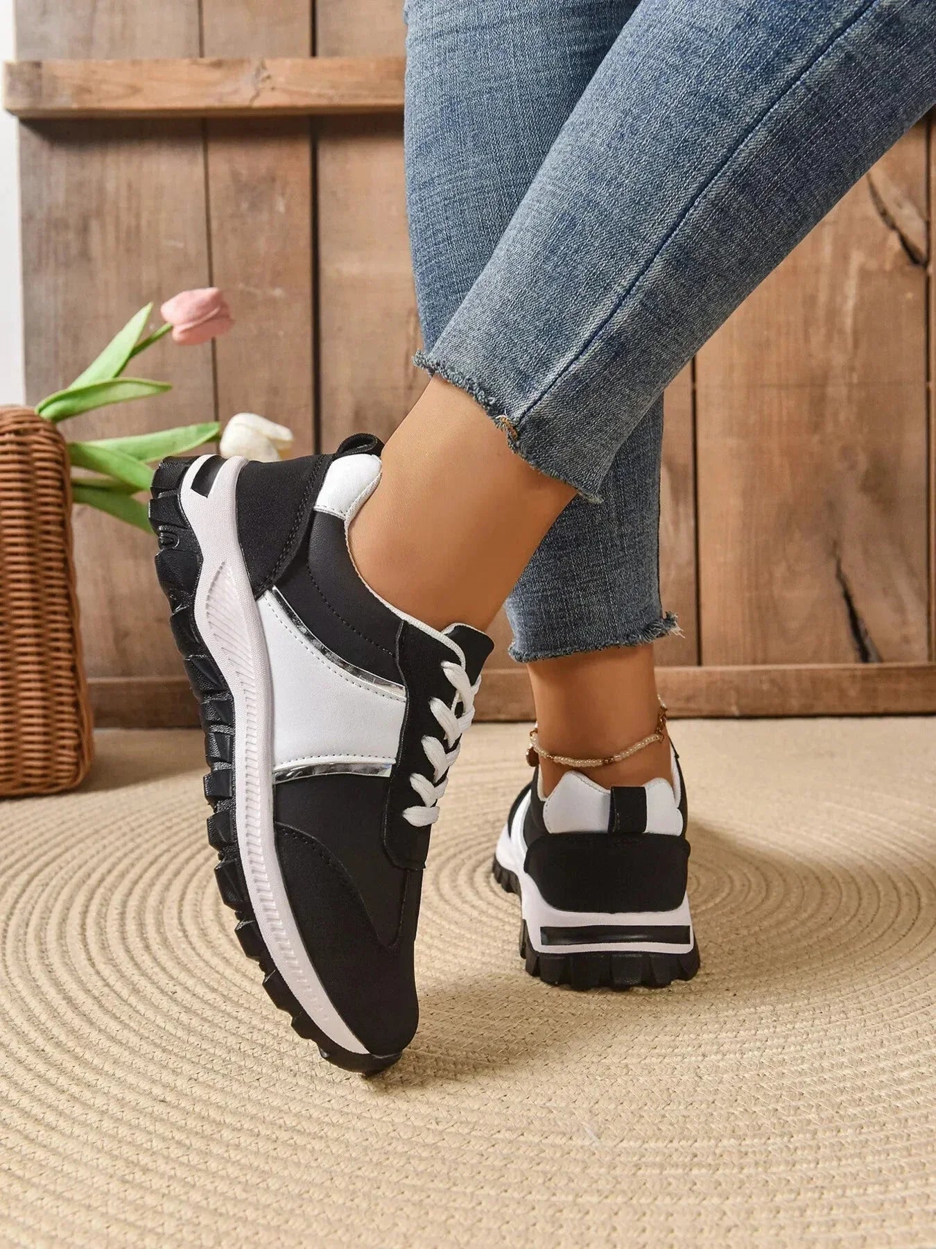 Contrast Lace Up Sneakers - VILLA FASHION