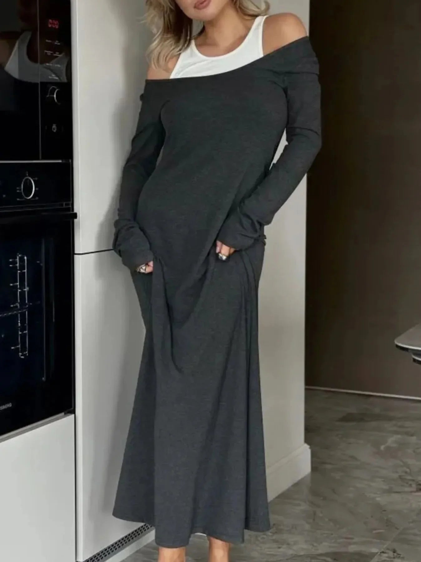 Contrast Long Sleeve Maxi Dress - VILLA FASHION