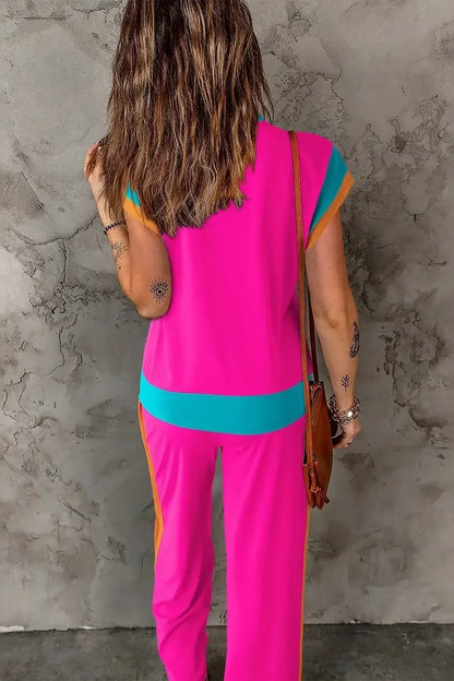 Contrast Round Neck Top and Pants Set - VILLA FASHION