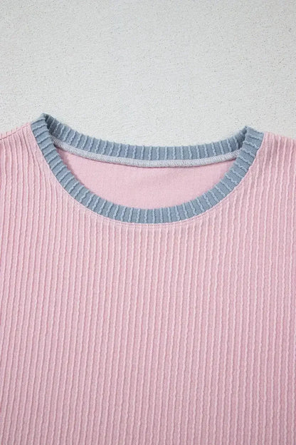 Contrast Round Neck Top and Pants Set - VILLA FASHION