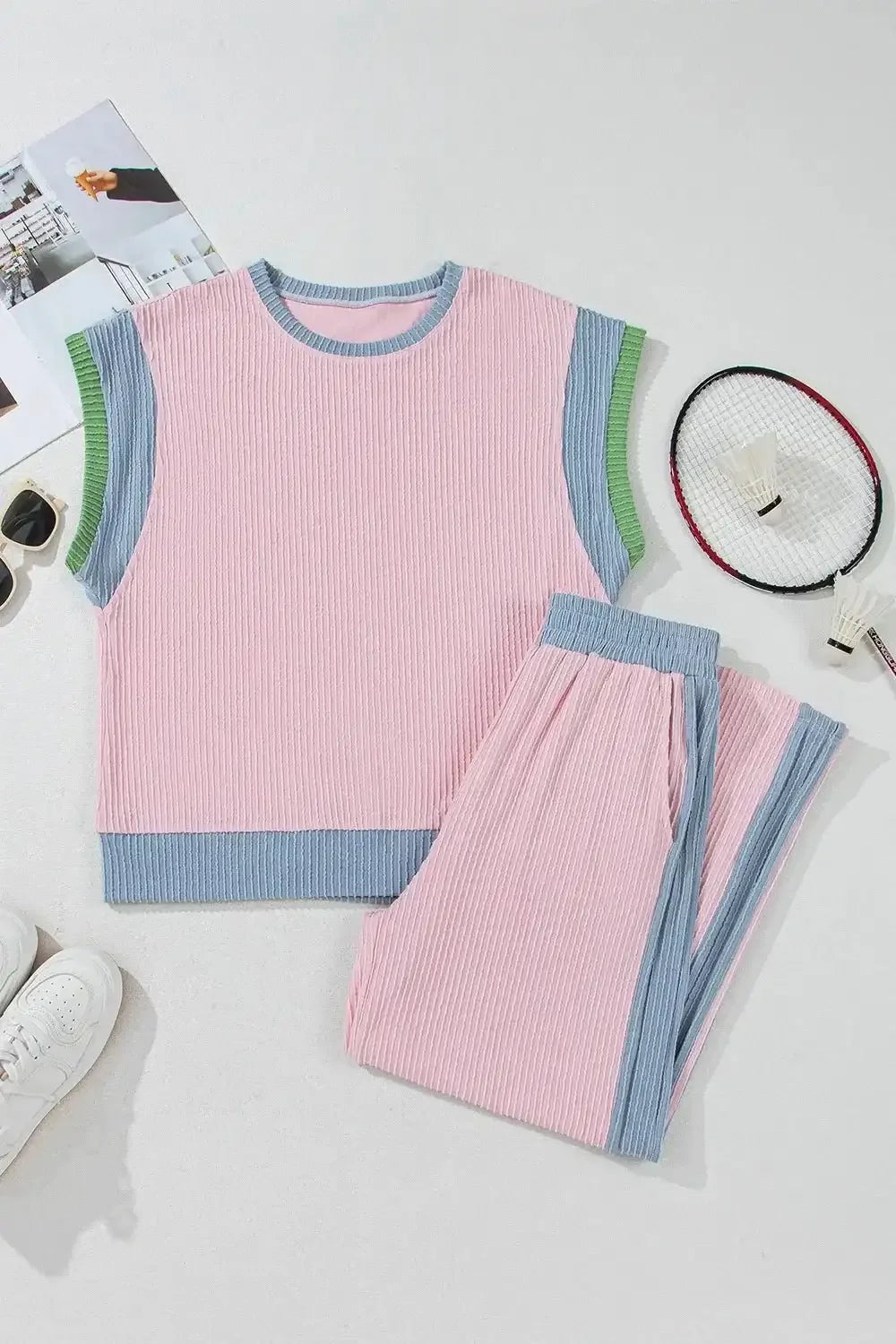 Contrast Round Neck Top and Pants Set - VILLA FASHION