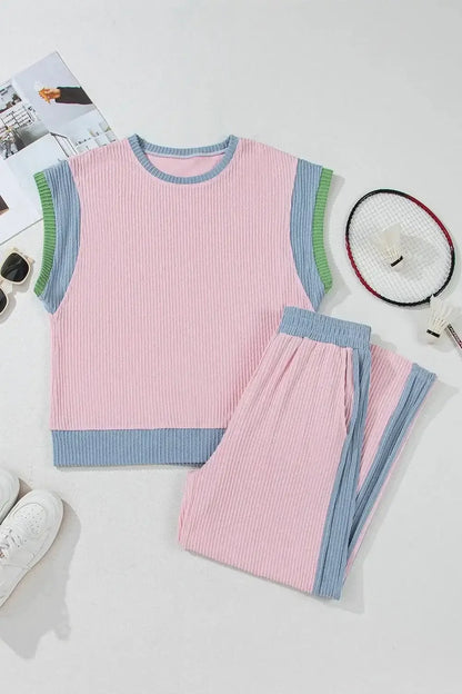 Contrast Round Neck Top and Pants Set - VILLA FASHION