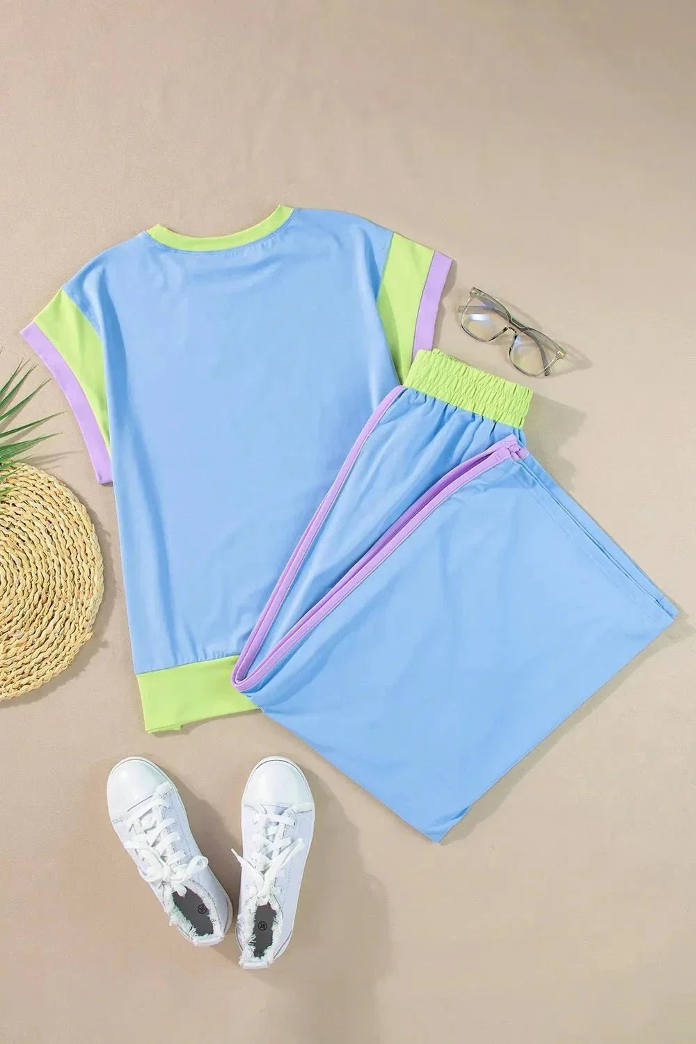 Contrast Round Neck Top and Pants Set - VILLA FASHION