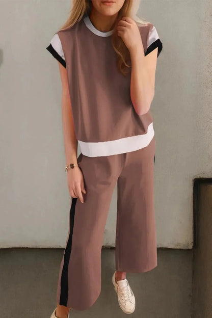 Contrast Round Neck Top and Pants Set - VILLA FASHION