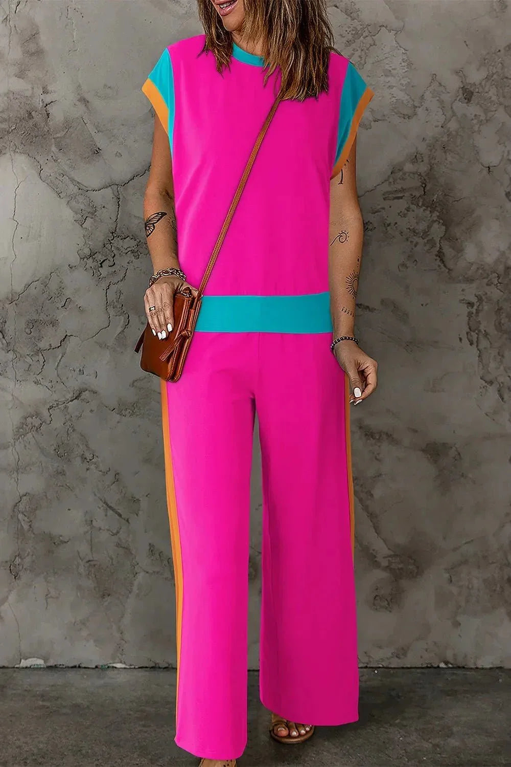 Contrast Round Neck Top and Pants Set - VILLA FASHION