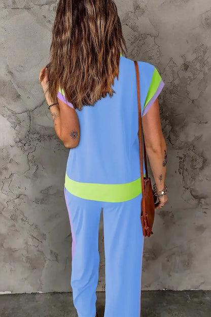 Contrast Round Neck Top and Pants Set - VILLA FASHION