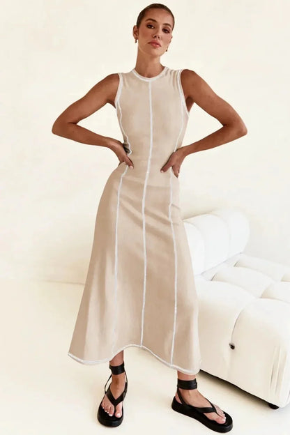 Contrast Stitching Maxi Tank Dress - VILLA FASHION