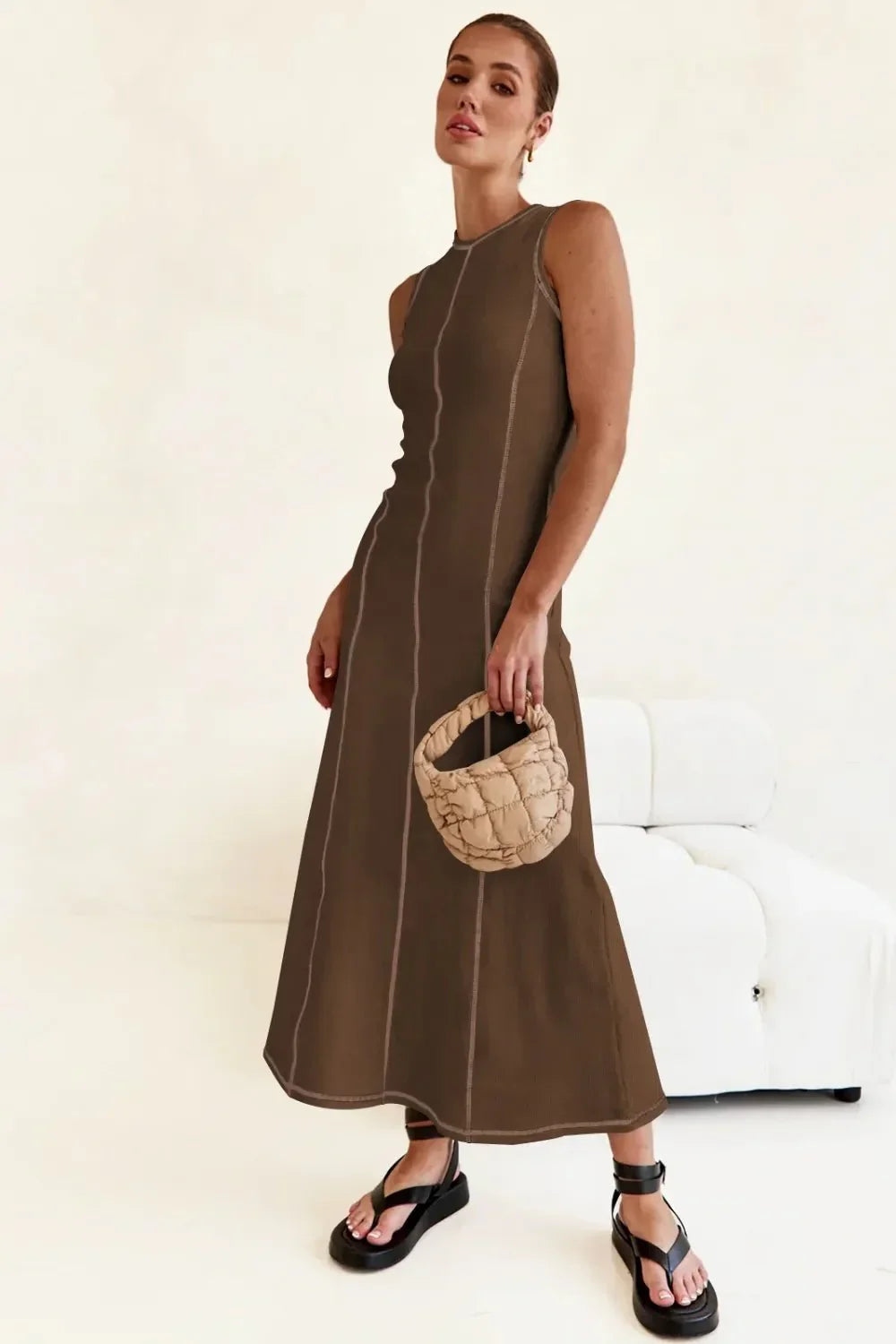 Contrast Stitching Maxi Tank Dress - VILLA FASHION
