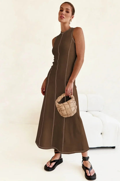 Contrast Stitching Maxi Tank Dress - VILLA FASHION