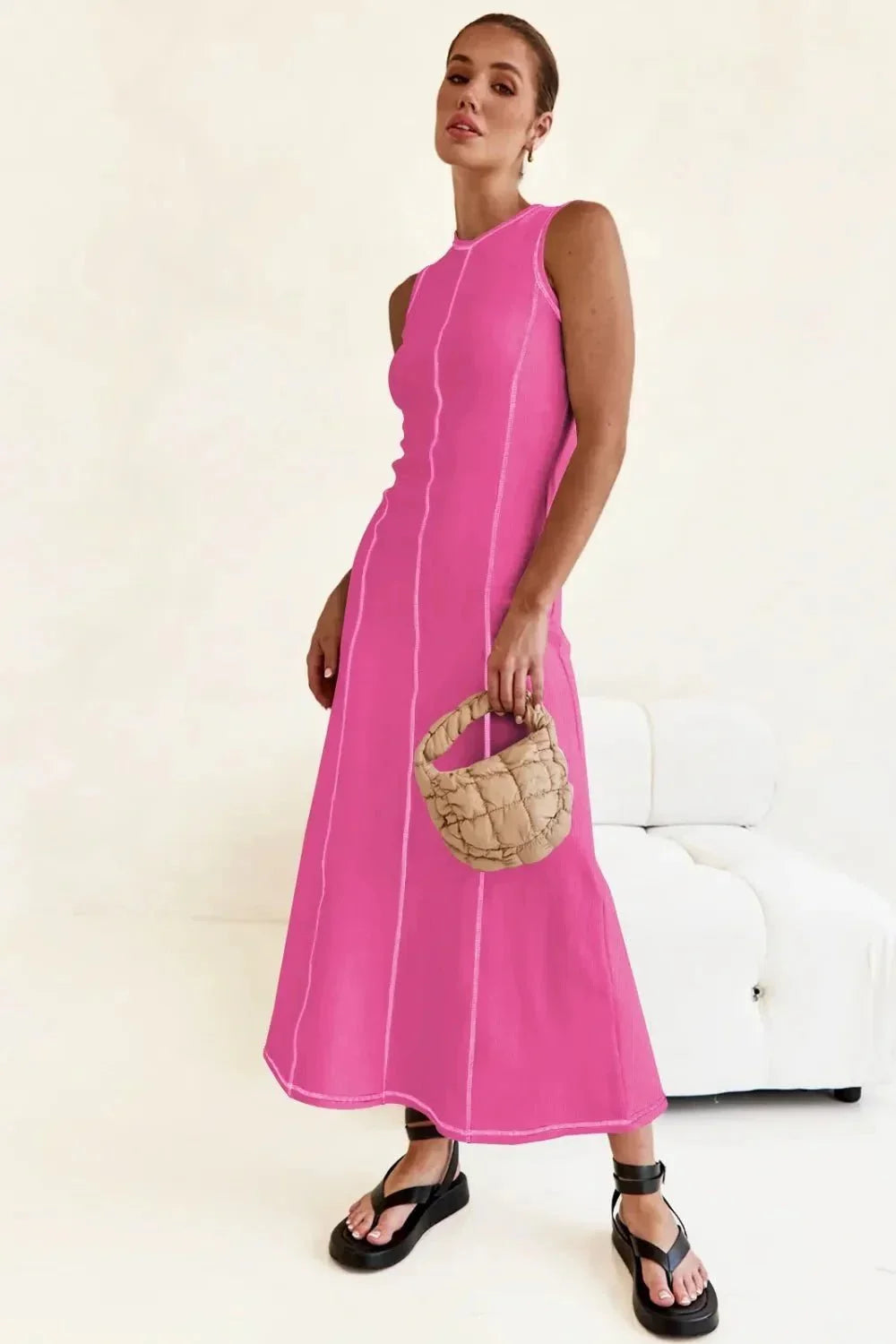 Contrast Stitching Maxi Tank Dress - VILLA FASHION