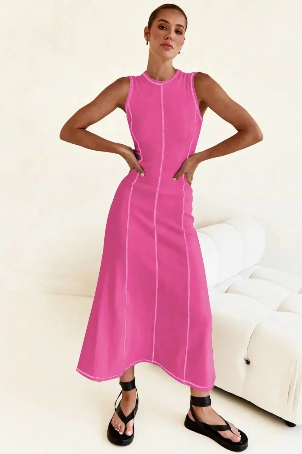 Contrast Stitching Maxi Tank Dress - VILLA FASHION