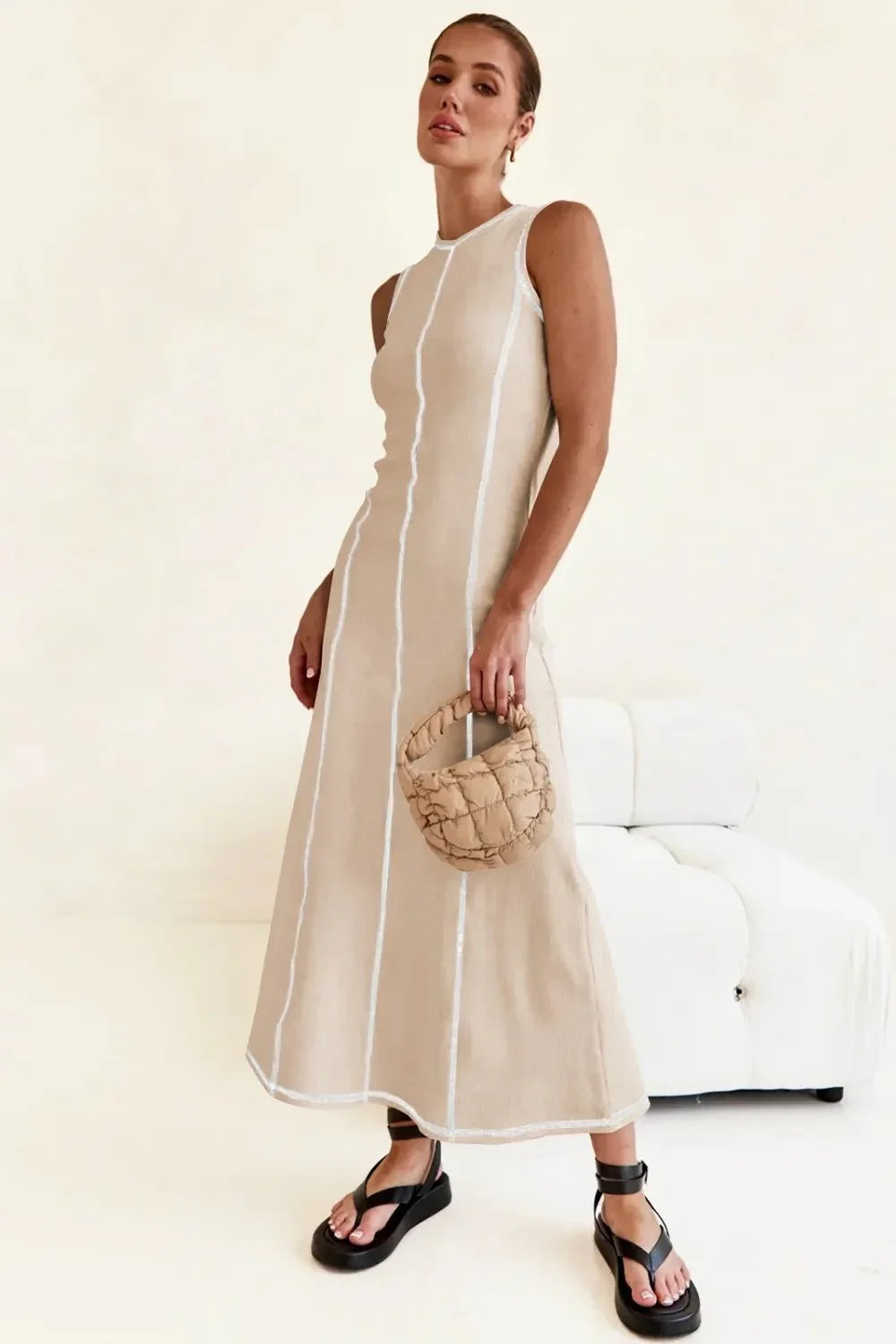 Contrast Stitching Maxi Tank Dress - VILLA FASHION
