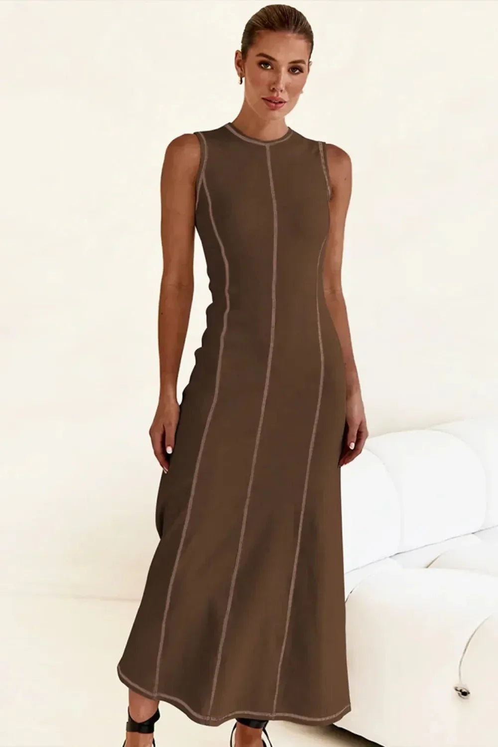 Contrast Stitching Maxi Tank Dress - VILLA FASHION