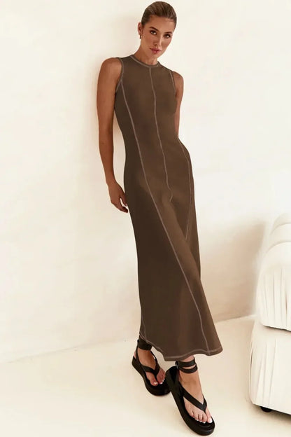Contrast Stitching Maxi Tank Dress - VILLA FASHION