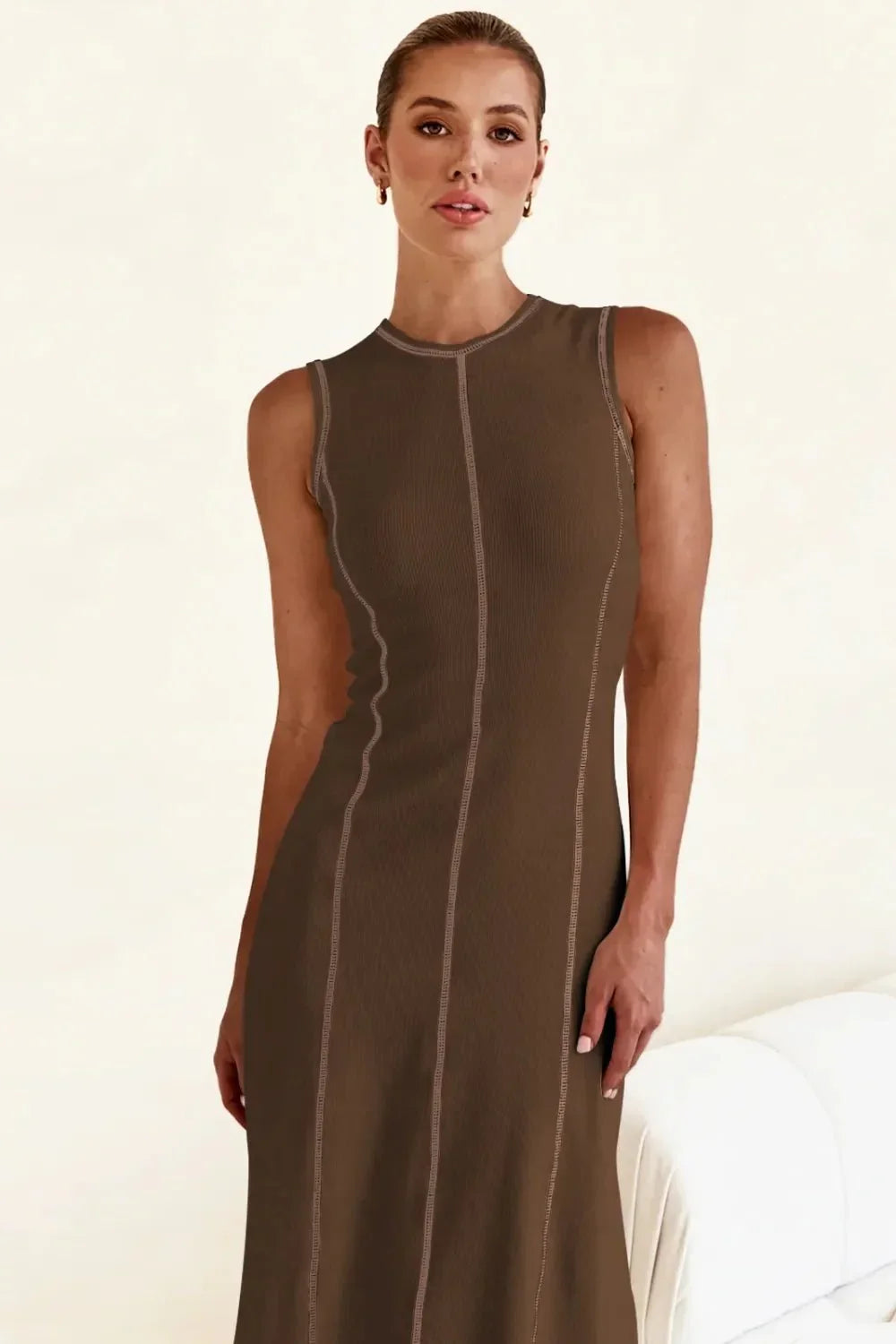 Contrast Stitching Maxi Tank Dress - VILLA FASHION