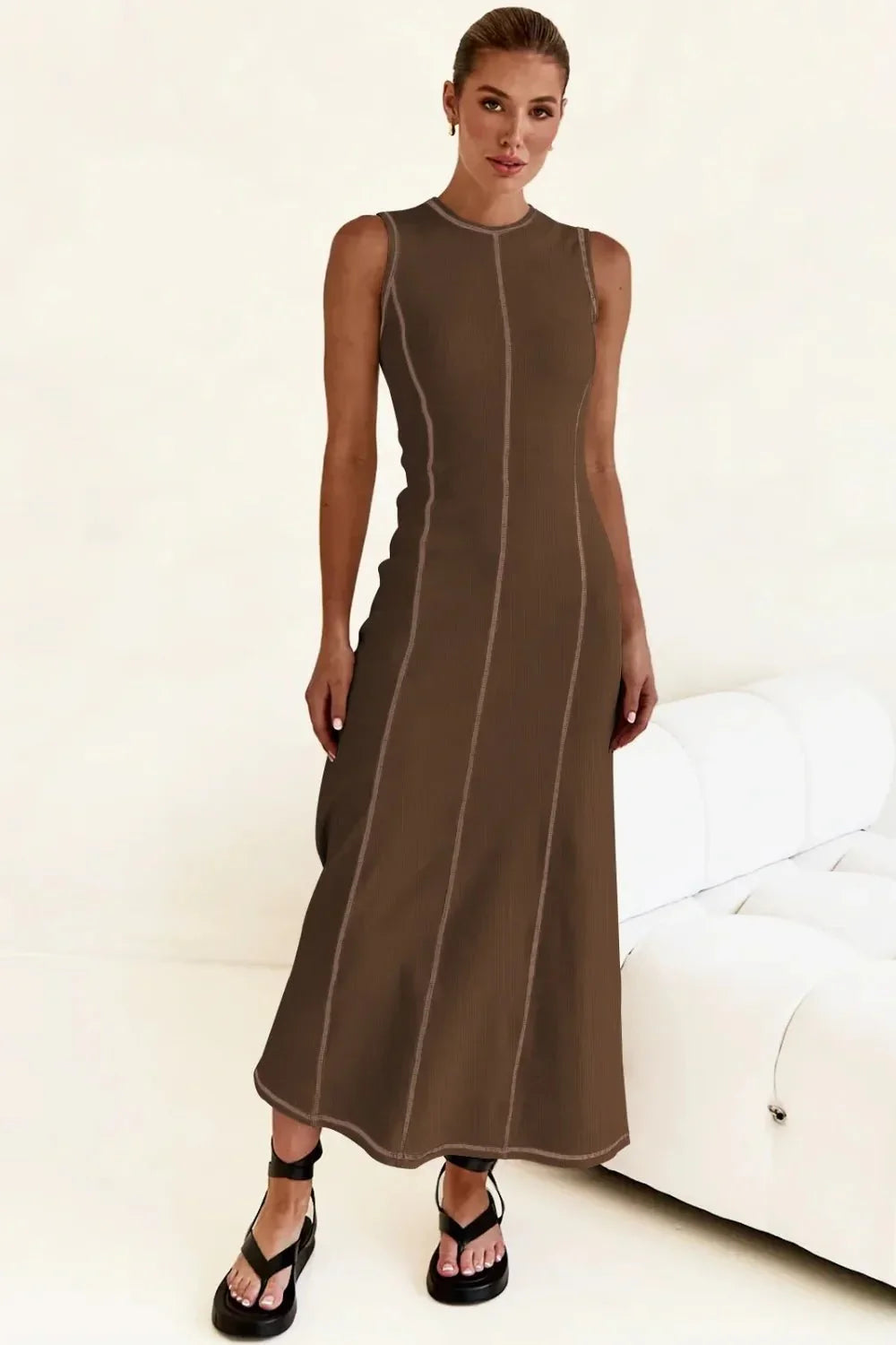 Contrast Stitching Maxi Tank Dress - VILLA FASHION