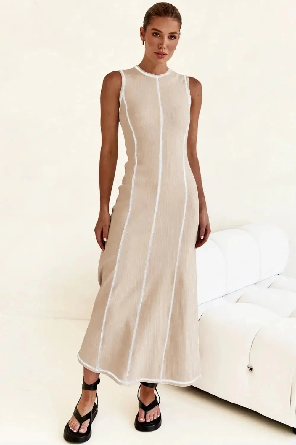 Contrast Stitching Maxi Tank Dress - VILLA FASHION