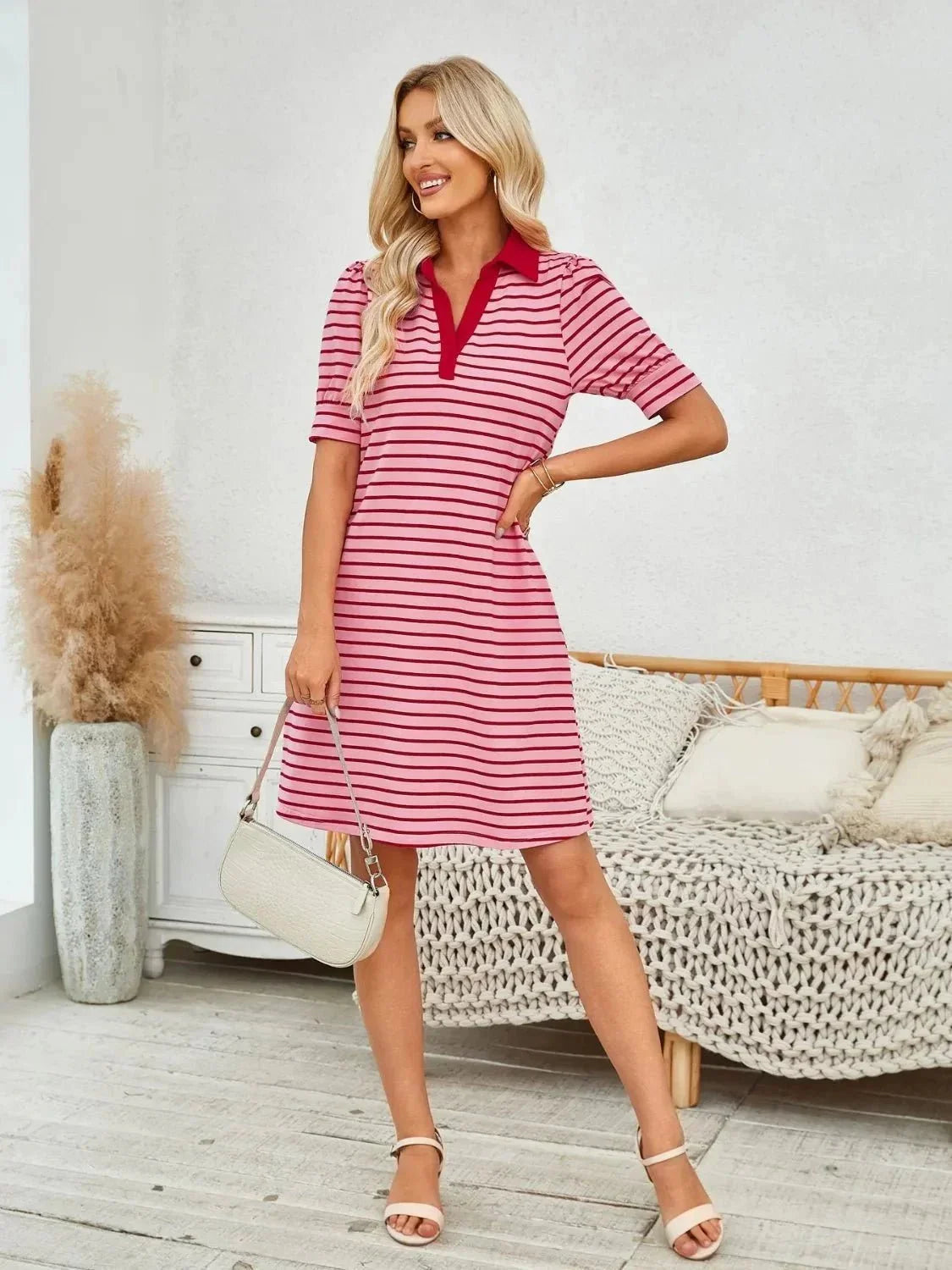 Contrast Striped Short Sleeve Mini Dress - VILLA FASHION