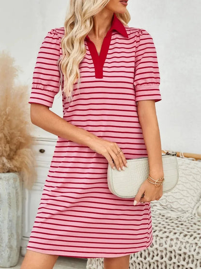 Contrast Striped Short Sleeve Mini Dress - VILLA FASHION