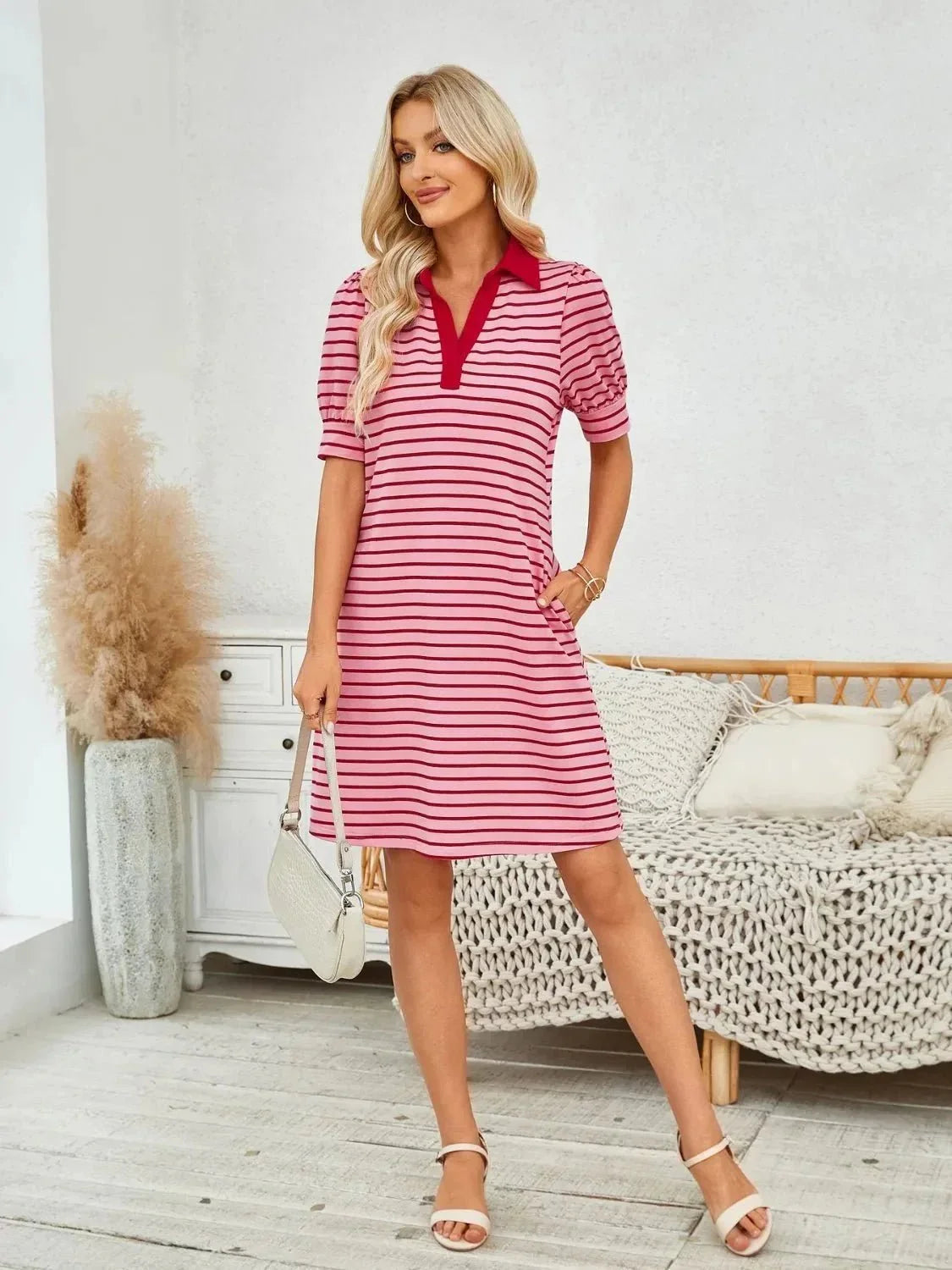 Contrast Striped Short Sleeve Mini Dress - VILLA FASHION