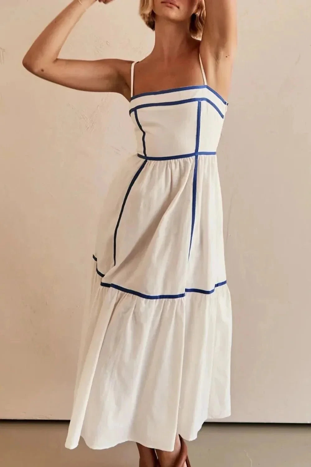 Contrast Trim Square Neck Midi Cami Dress - VILLA FASHION