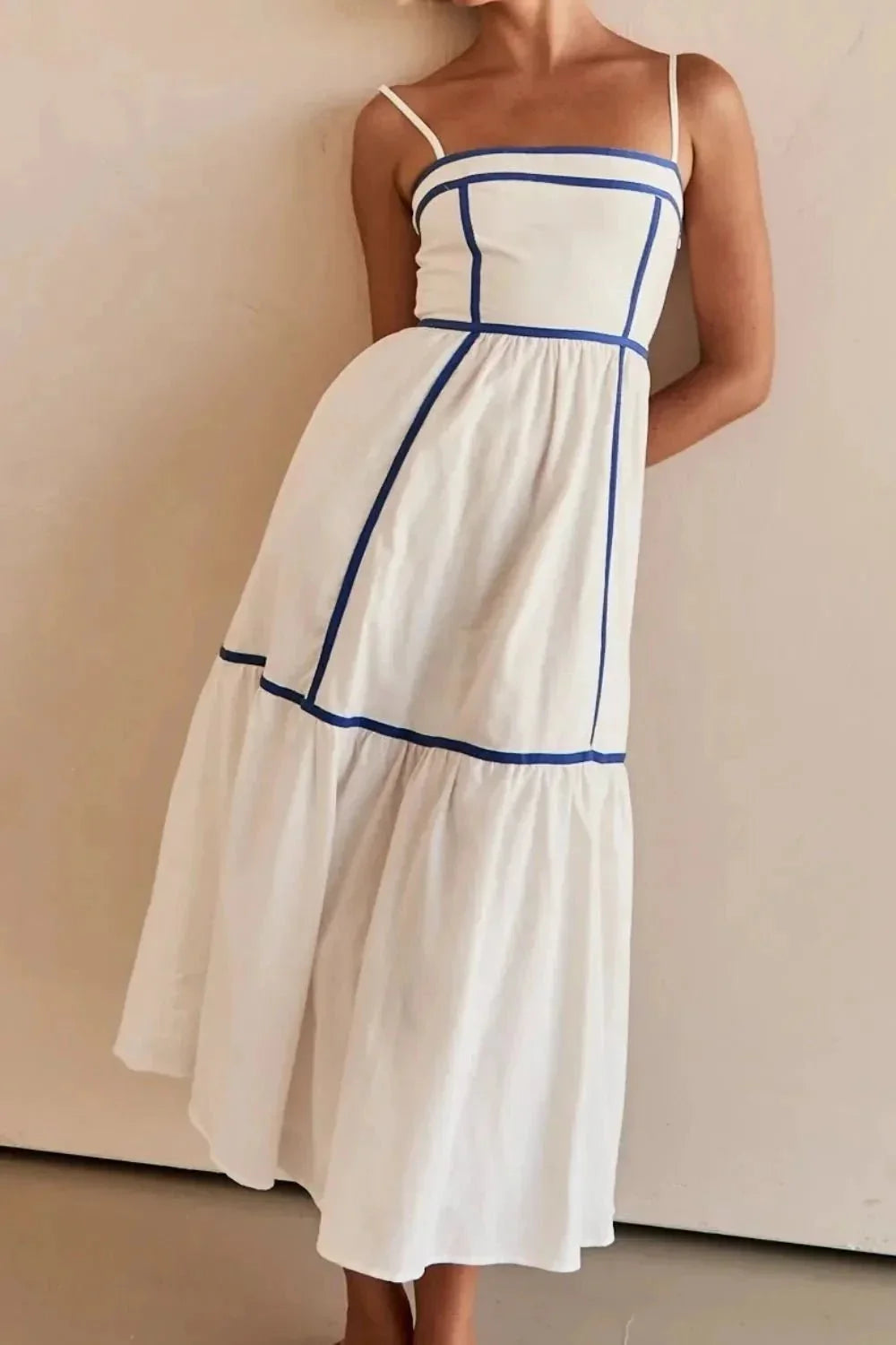 Contrast Trim Square Neck Midi Cami Dress - VILLA FASHION