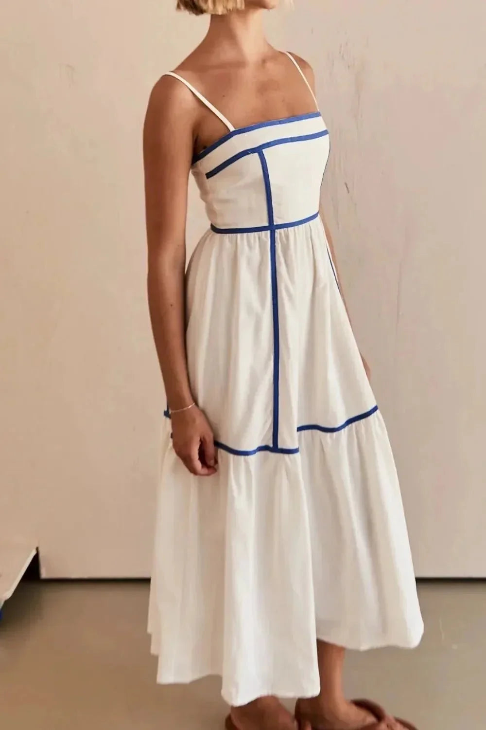 Contrast Trim Square Neck Midi Cami Dress - VILLA FASHION