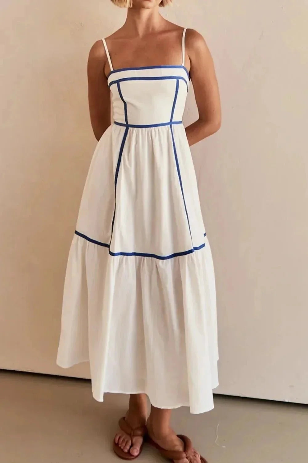 Contrast Trim Square Neck Midi Cami Dress - VILLA FASHION