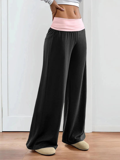 Contrast Waistband Wide Leg Pants - VILLA FASHION