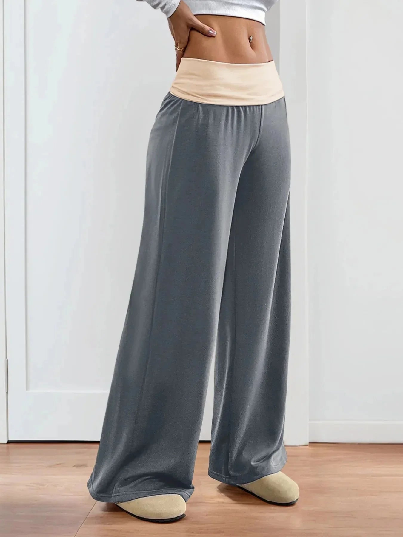 Contrast Waistband Wide Leg Pants - VILLA FASHION