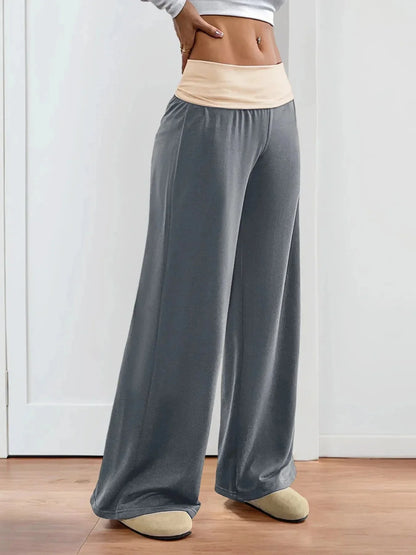 Contrast Waistband Wide Leg Pants - VILLA FASHION