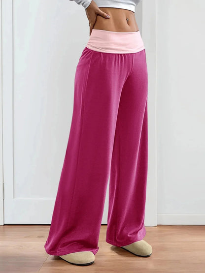 Contrast Waistband Wide Leg Pants - VILLA FASHION