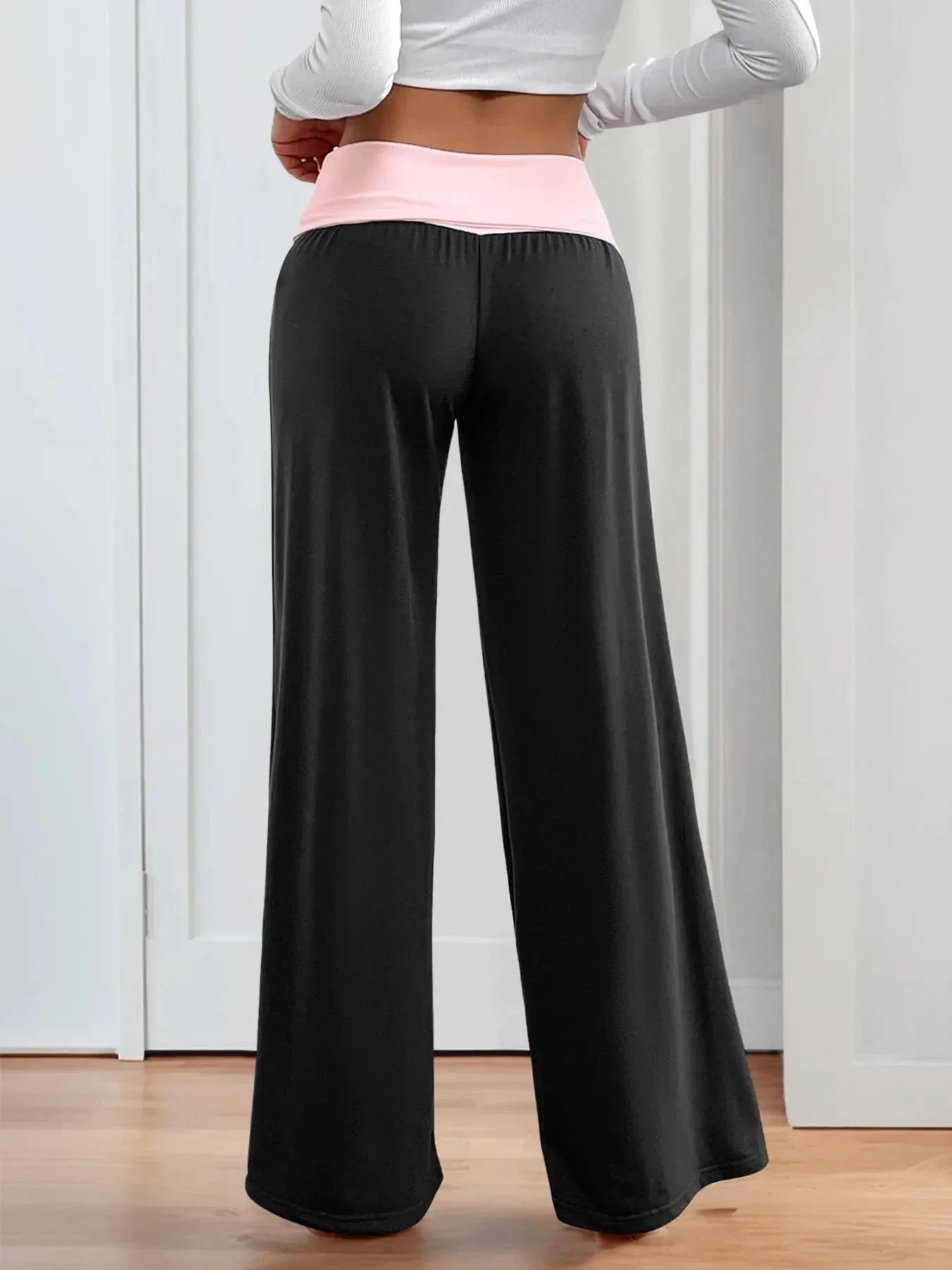 Contrast Waistband Wide Leg Pants - VILLA FASHION