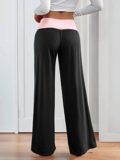 Contrast Waistband Wide Leg Pants - VILLA FASHION