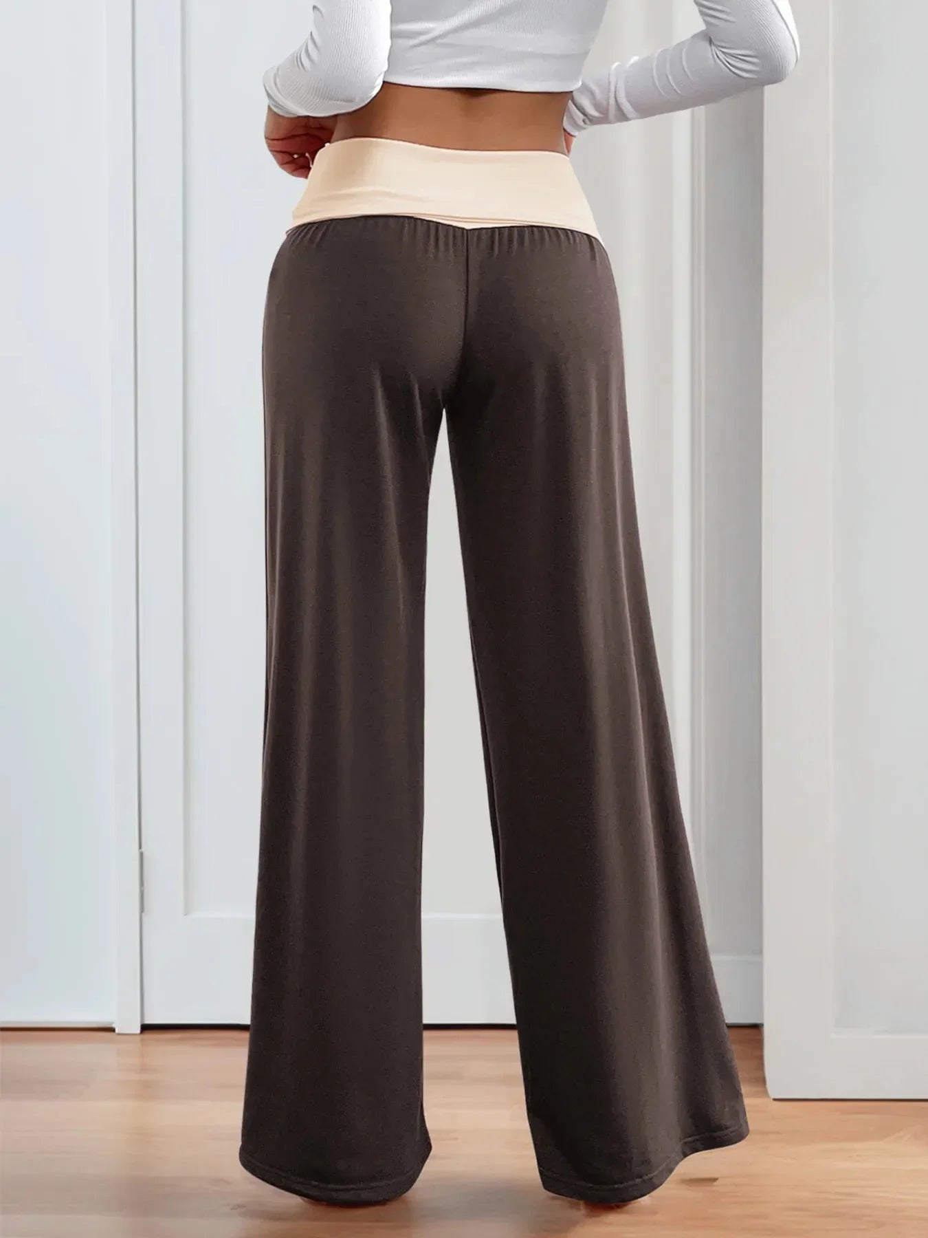 Contrast Waistband Wide Leg Pants - VILLA FASHION
