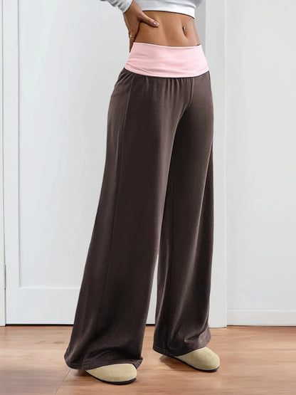 Contrast Waistband Wide Leg Pants - VILLA FASHION