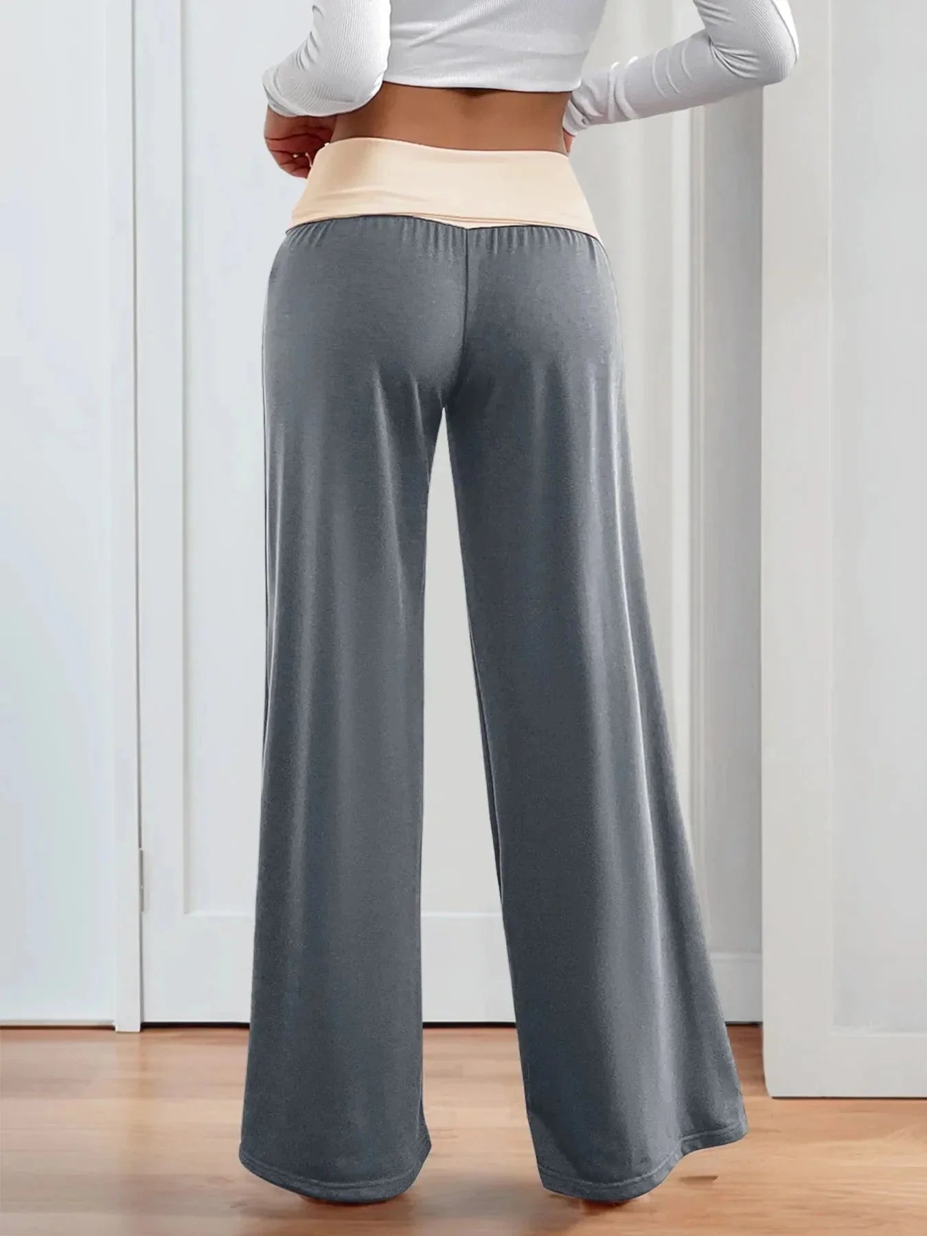 Contrast Waistband Wide Leg Pants - VILLA FASHION