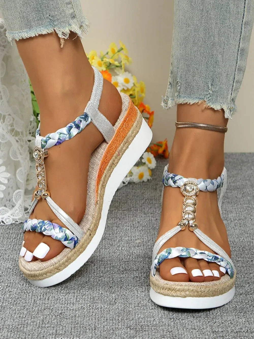 Contrast Woven Wedge Sandals - VILLA FASHION