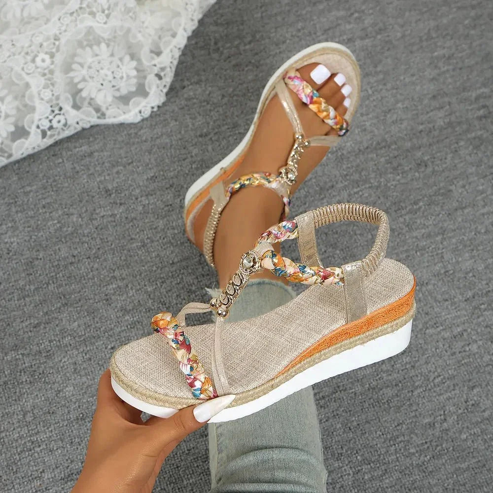 Contrast Woven Wedge Sandals - VILLA FASHION