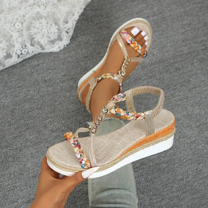 Contrast Woven Wedge Sandals - VILLA FASHION